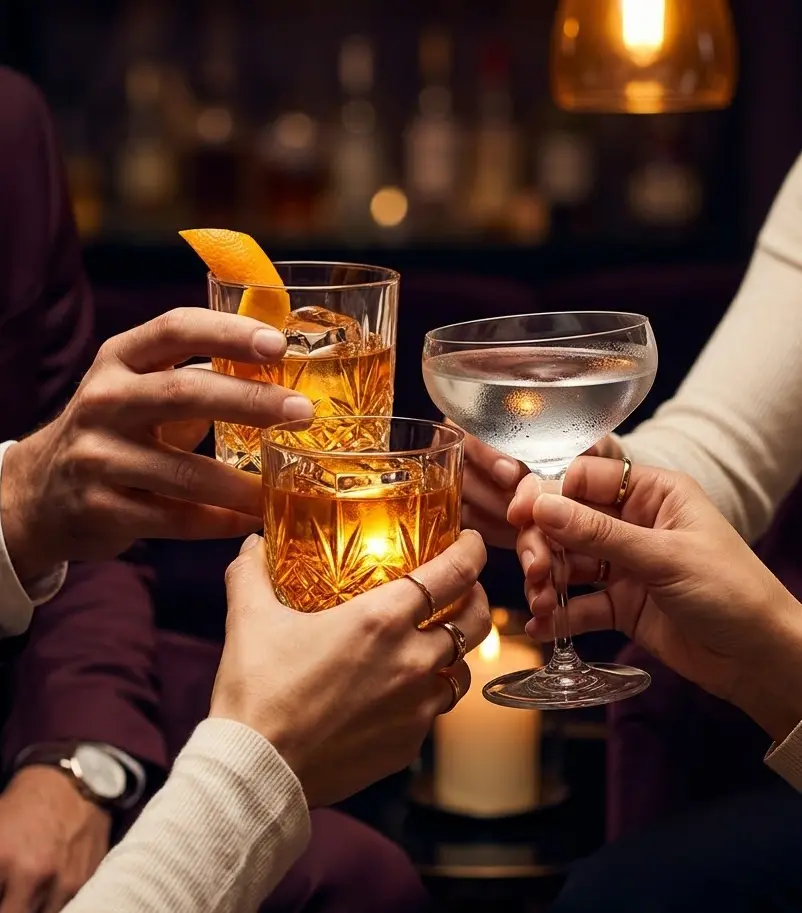 Close-up of premium crystal cocktail glasses coming together in a celebratory high-status toast inside a moody, low-lit luxury lounge