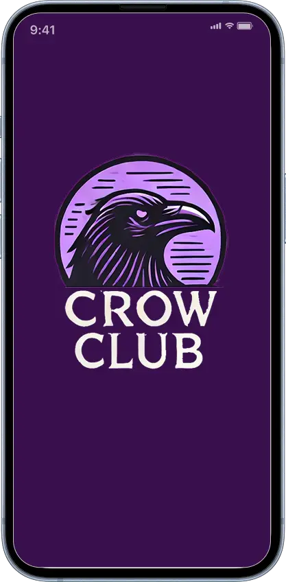 Premium smartphone mockup displaying the sleek deep purple Crow Club user interface and official brand emblem